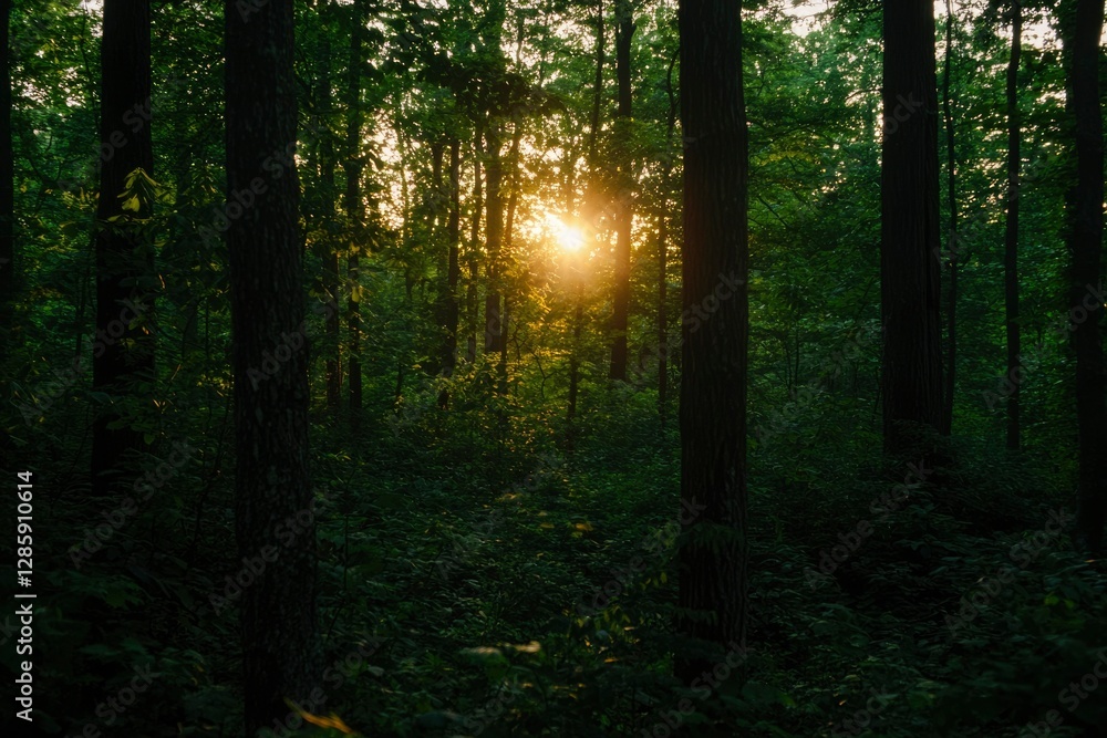 Obraz premium Golden sunset through trees in lush forest, ideal for nature backgrounds