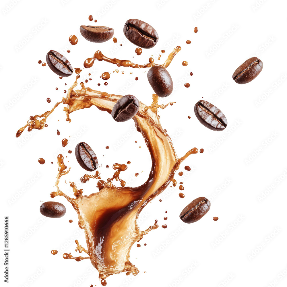 Coffee Beans and coffee Splash on transparent background Coffee Beans and coffee Splash on transparent background