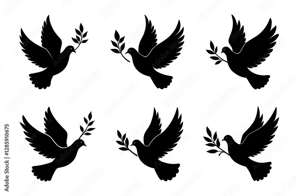 Obraz premium Set of wings. Black silhouette of a dove in flight carrying an olive branch on a transparent background