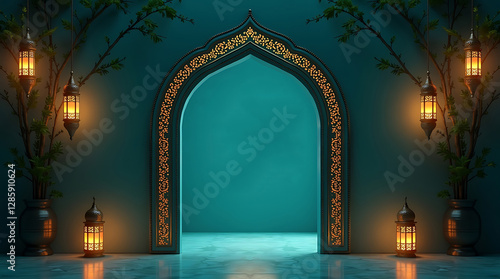 Islamic Arch with Crescent Moon and Hanging Lanterns