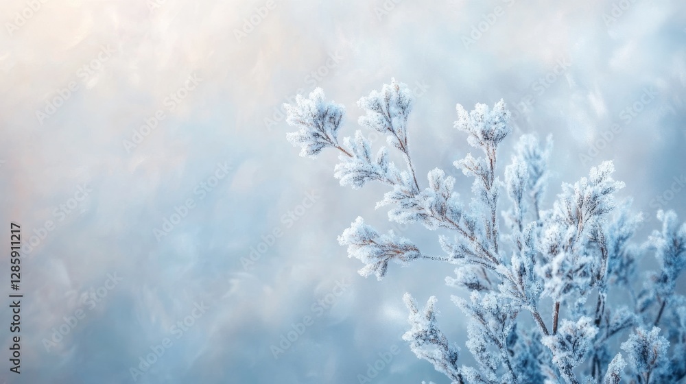 Frozen plant leaves covered with frost against a blurry background Frozen plant leaves covered with frost against a blurry background
