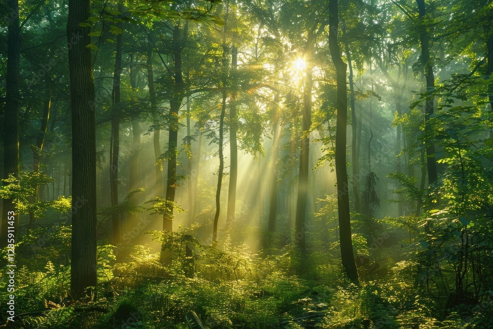 Naklejka premium Sunbeams pierce through a misty green forest, illuminating the lush undergrowth and tall trees.