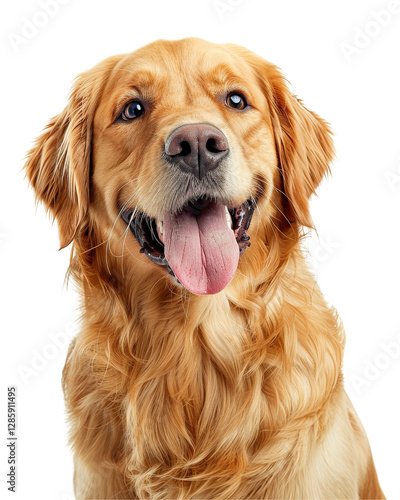 Friendly golden retriever with joyful expression, isolated on black background, adorable pet photography for animal lovers