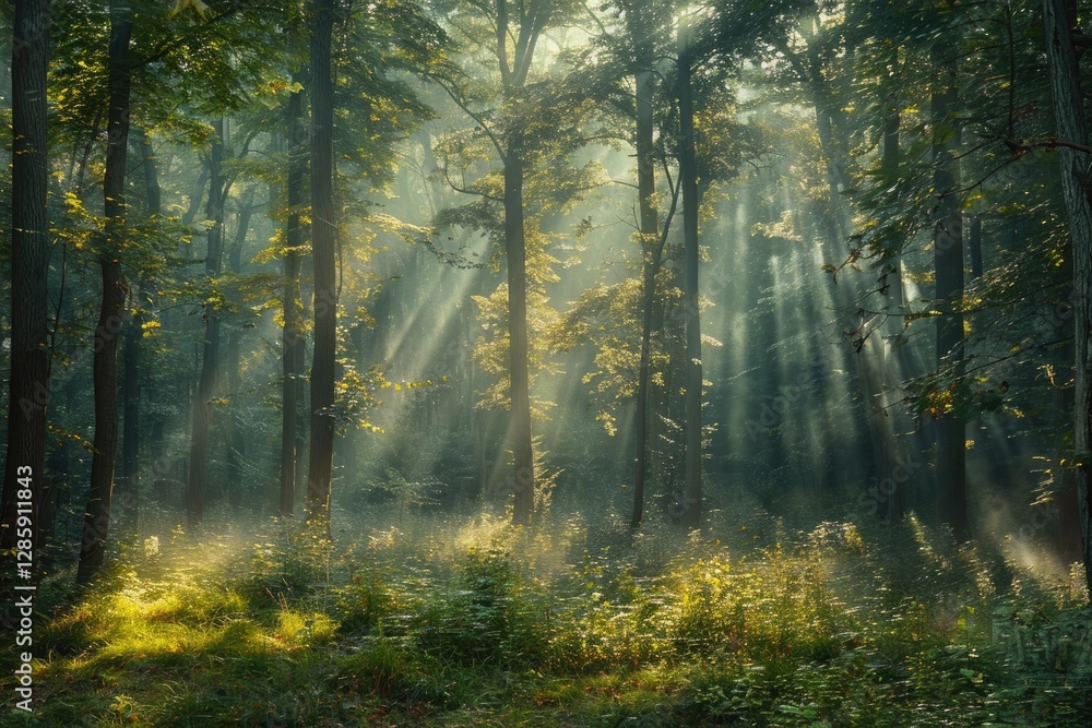 Obraz premium Sunbeams pierce a misty forest, illuminating the lush green undergrowth and tall trees.
