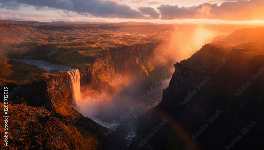 Fototapeta premium Waterfall cascading into canyon at sunset, aerial view, ideal for nature projects