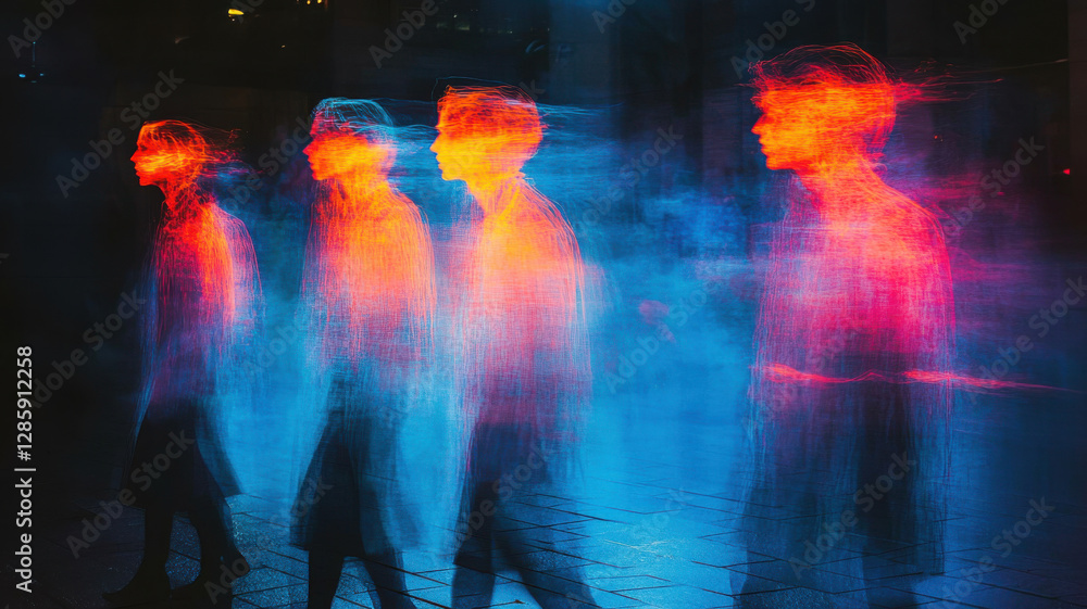 Obraz premium Against a black background, four blurry silhouettes walk in the same direction, their heads tilted, illuminated by neon light creating a vibrant effect on their faces.