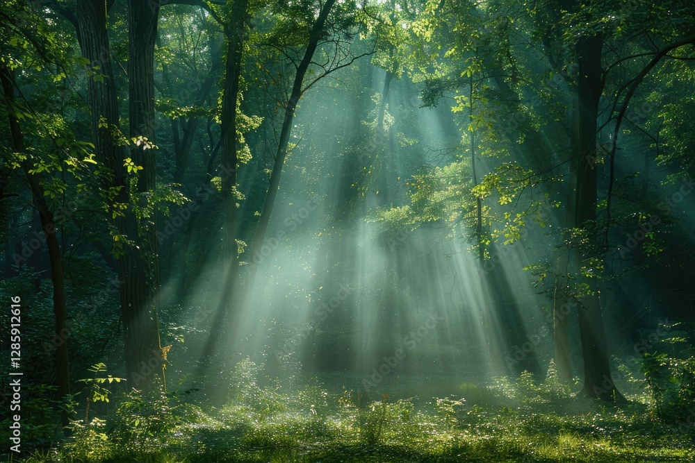 Fototapeta premium Sunbeams pierce a misty green forest, illuminating the lush undergrowth and creating a magical atmosphere.