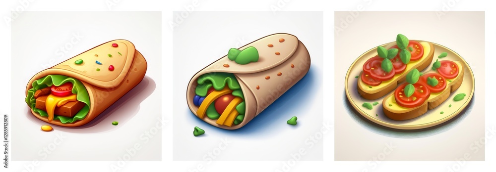 Three food items displayed: two wraps packed with fillings and a plate of bruschetta topped with tomato and basil. Three food items displayed: two wraps packed with fillings and a plate of bruschetta topped with tomato and basil.
