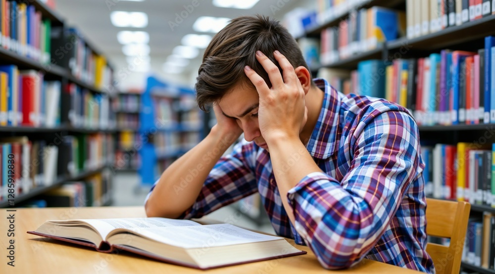 Stressed student studying with books in a library Stressed student studying with books in a library