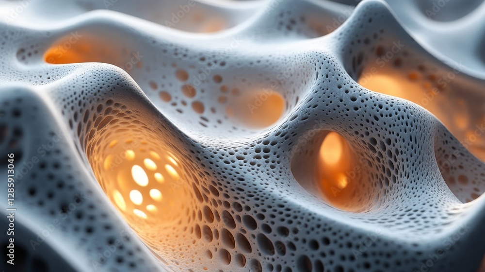Abstract white foam structure with glowing orange cavities Abstract white foam structure with glowing orange cavities