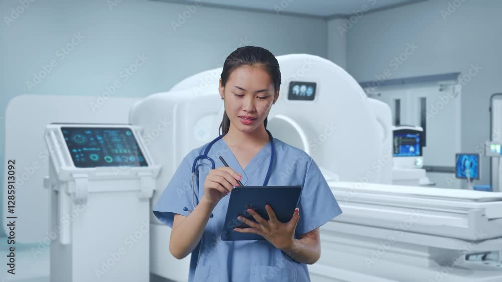 Asian Female Doctor Taking Note On A Tablet While Standing With Mri Machine Asian Female Doctor Taking Note On A Tablet While Standing With Mri Machine