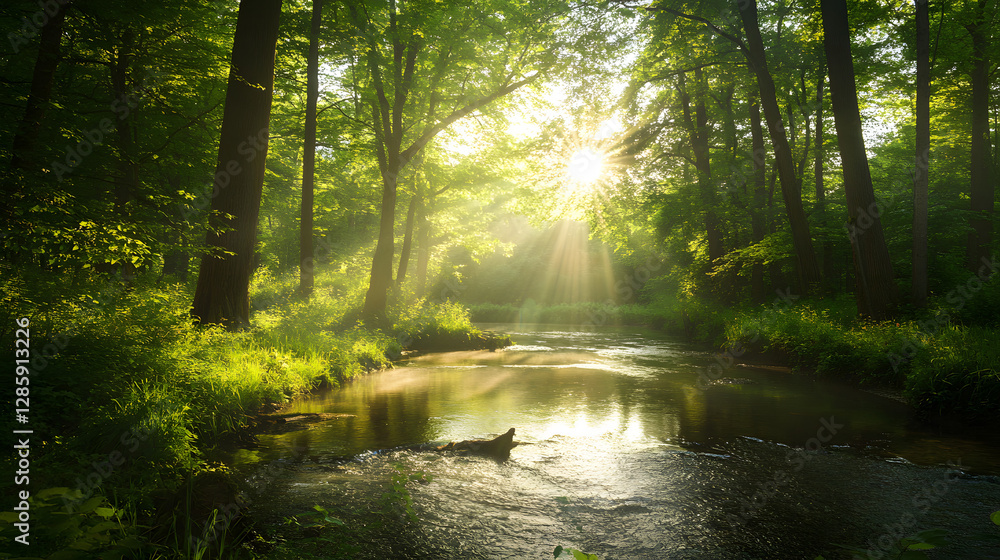 Obraz premium Beautiful summer forest landscape with a clear stream and sunrays shining through the trees