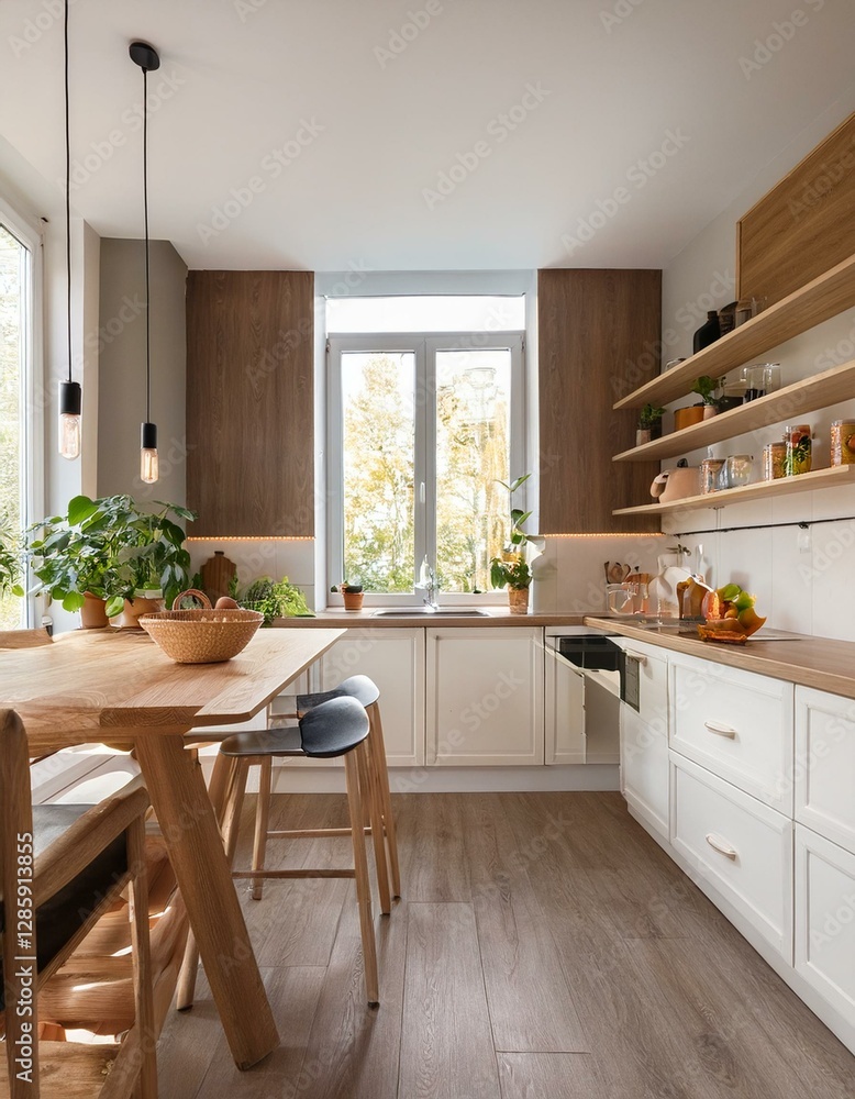 Fototapeta premium Light kitchen set interior with island and seats, shelves and kitchenware, window