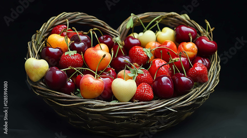 A basket of heart-shaped fruits, like strawberries and cherries
