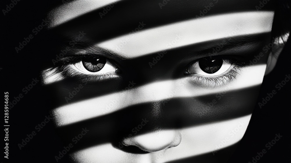 Mysterious shadows revealing eyes detail in monochrome portrait