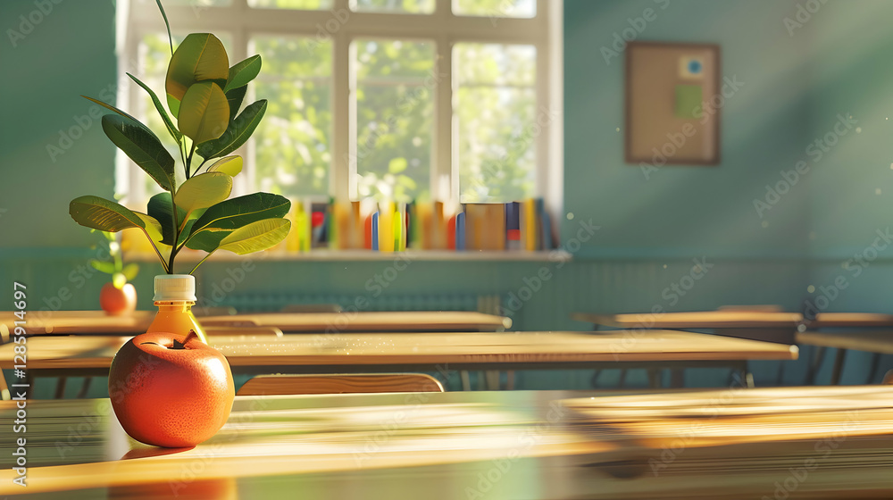 Bright classroom scene with a plant in a bottle on a table, sunlight streaming through windows Bright classroom scene with a plant in a bottle on a table, sunlight streaming through windows