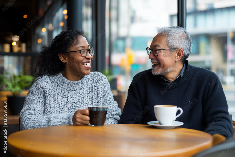 An African and an Asian person sitting together at a café, enjoying coffee and engaged in a warm conversation. emphasizing friendship and cultural exchange. An African and an Asian person sitting together at a café, enjoying coffee and engaged in a warm conversation. emphasizing friendship and cultural exchange.