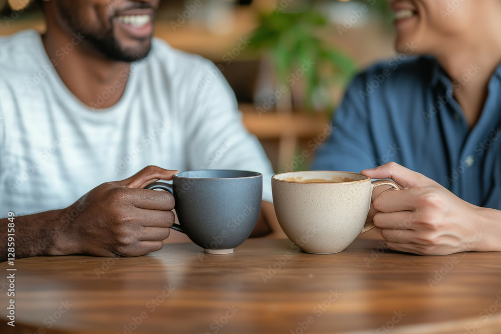An African and an Asian person sitting together at a café, enjoying coffee and engaged in a warm conversation. emphasizing friendship and cultural exchange. An African and an Asian person sitting together at a café, enjoying coffee and engaged in a warm conversation. emphasizing friendship and cultural exchange.