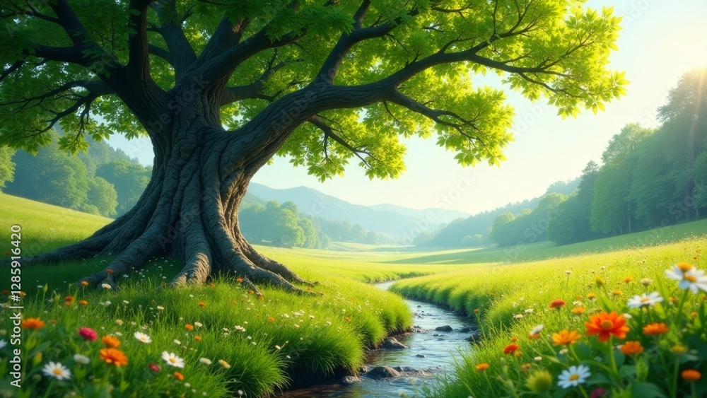Serene Meadow Landscape Featuring Ancient Tree, Gentle Stream, and Vibrant Wildflowers under a Sunny Sky Serene Meadow Landscape Featuring Ancient Tree, Gentle Stream, and Vibrant Wildflowers under a Sunny Sky