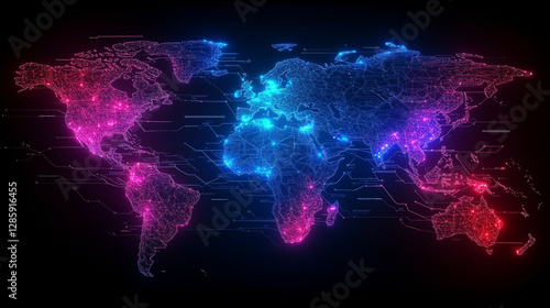 A minimalistic digital poster featuring a sleek, glowing outline of the Asian and African continents, interconnected with neon cybernetic lines symbolizing technological unity and future collaboration