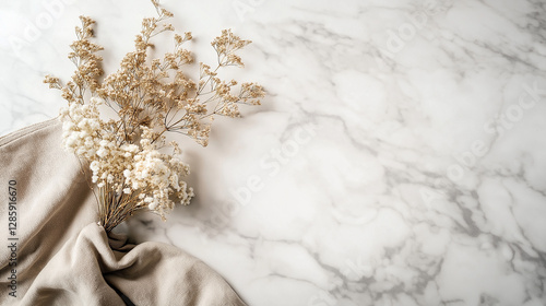  Elegant dried flowers with soft fabric on a white marble background, perfect for minimalist design, spa branding, and natural lifestyle promotions. Copy space