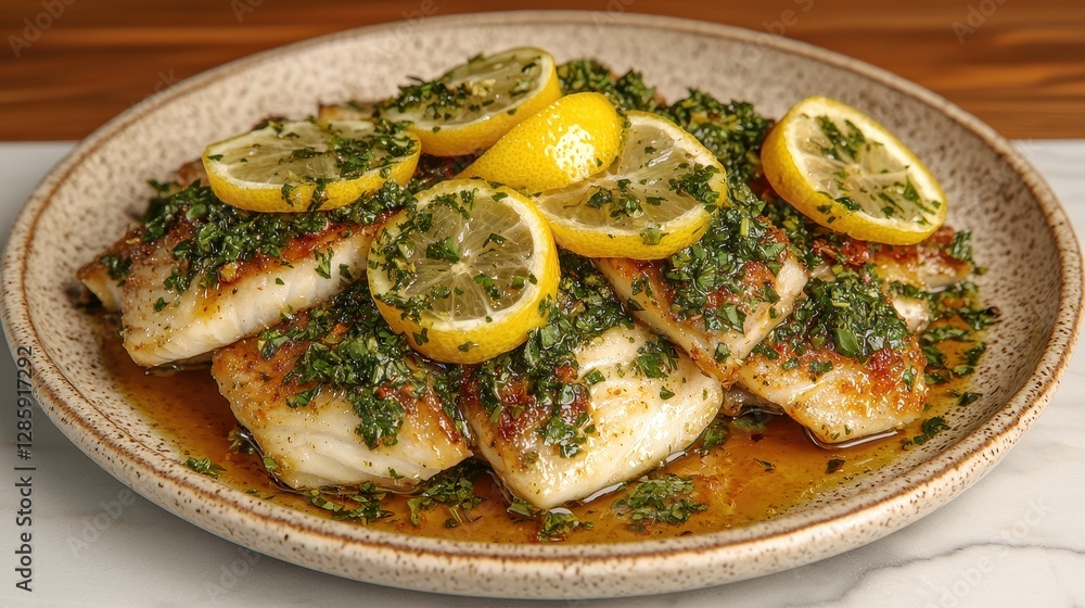 Delicious Pan-seared Fish Fillets with Lemon and Herb Sauce Dish Delicious Pan-seared Fish Fillets with Lemon and Herb Sauce Dish