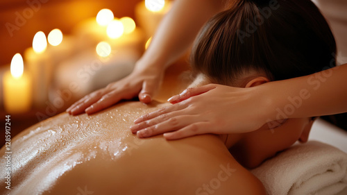 Wallpaper Mural A young European woman enjoys a relaxing massage at the spa while the skillful hands of a therapist gently treat her skin in candlelight and a cozy atmosphere, beauty and wellness industry. Torontodigital.ca