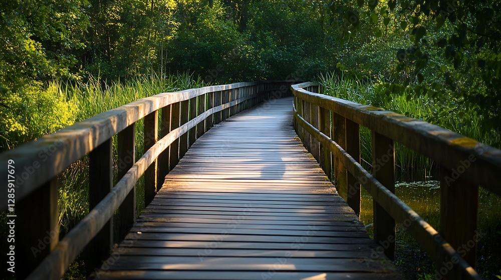 Walking on the Wooden Footbridge Through Lush Green Forest Path Walking on the Wooden Footbridge Through Lush Green Forest Path