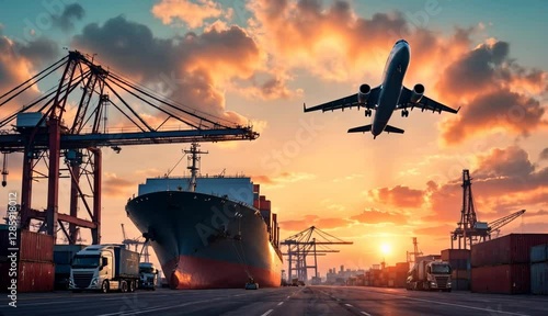 A cargo port at sunset with a docked ship, cranes, trucks, and an airplane overhead.

