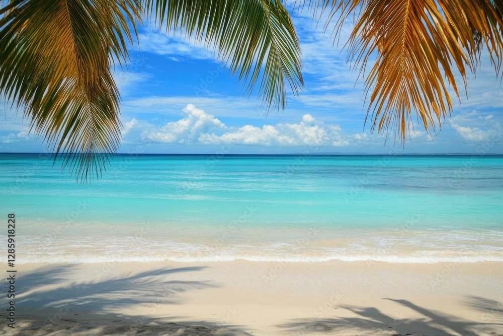 A tranquil scene of the ocean viewed from underneath a palm tree, ideal for use in travel or nature-themed projects A tranquil scene of the ocean viewed from underneath a palm tree, ideal for use in travel or nature-themed projects