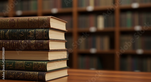 Stack of Arabic Books on Wooden Table in Library Setting