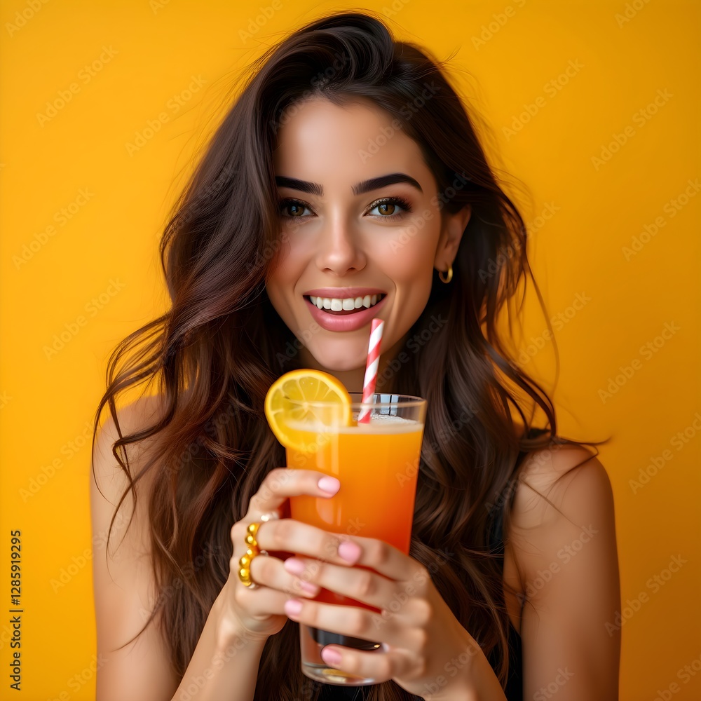 A joyful woman holds a glass of orange drink with a slice of lemon, smiling brightly. The cheerful yellow backdrop enhances her lively expression and the drink’s refreshing appeal. A joyful woman holds a glass of orange drink with a slice of lemon, smiling brightly. The cheerful yellow backdrop enhances her lively expression and the drink’s refreshing appeal.