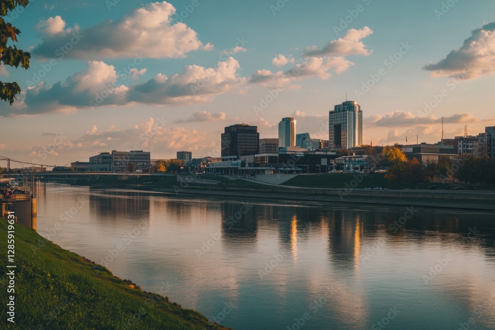 Fototapeta premium Riverbank scenery with city skyline in the background