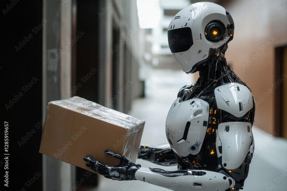 Fototapeta premium Robot delivery concept futuristic package handling in modern office space