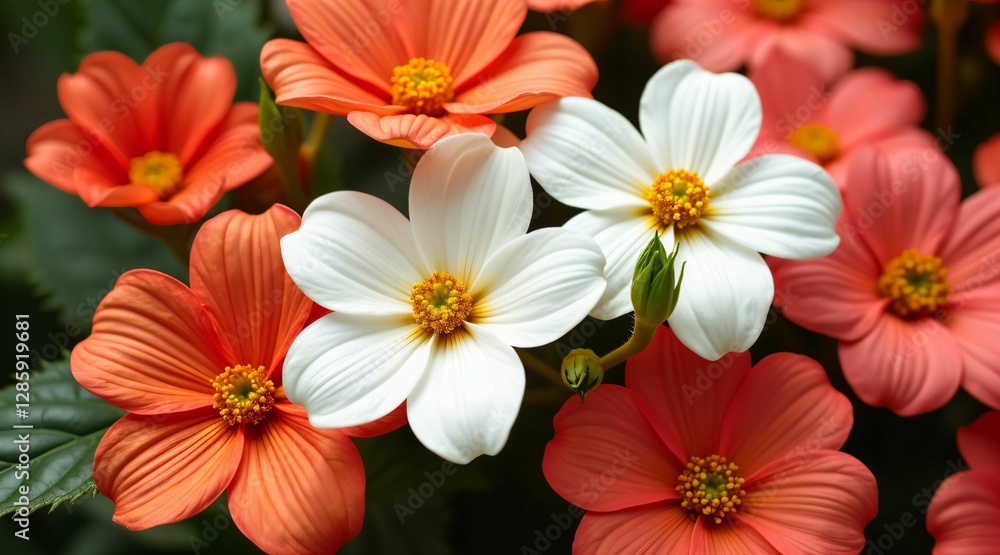 Fototapeta premium A lush garden displays a captivating arrangement of orange and white flowers under bright sunlight. The blooms create a lively and cheerful atmosphere typical of mid-spring.