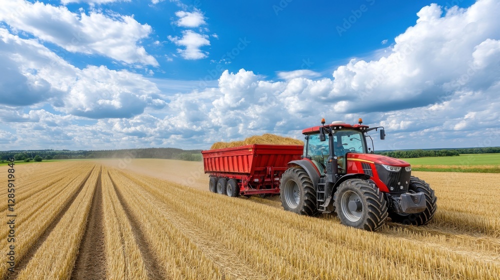 Fototapeta premium Red Tractor Collecting Wheat Harvest in Golden Field Under Bright Blue Sky with Fluffy Clouds
