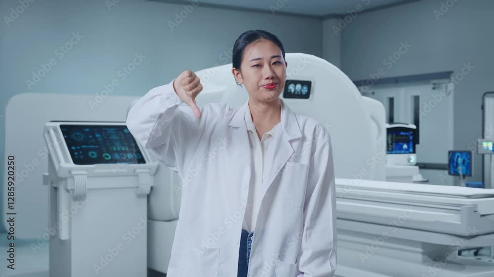 Asian Woman Doctor Showing Thumbs Down Gesture While Standing With Mri Machine In The Hospital Asian Woman Doctor Showing Thumbs Down Gesture While Standing With Mri Machine In The Hospital