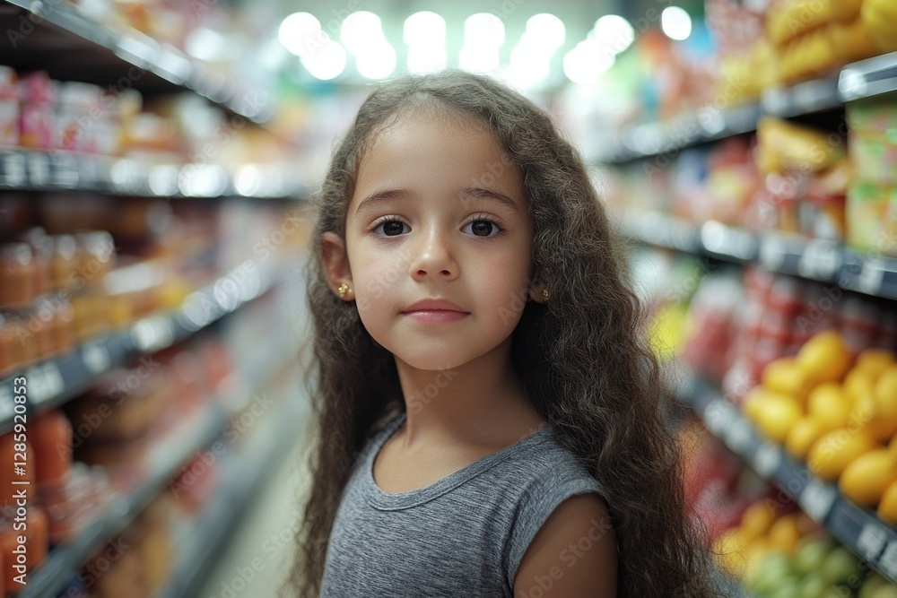 A young child stands in a grocery store aisle surrounded by food products A young child stands in a grocery store aisle surrounded by food products