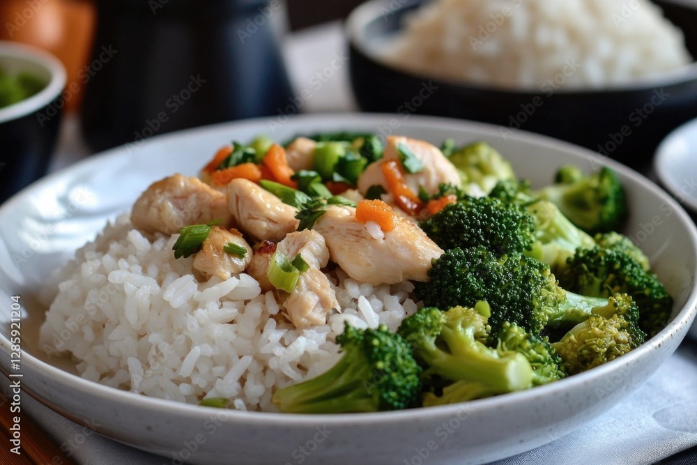 A simple meal consisting of white bowl filled with rice and steamed broccoli A simple meal consisting of white bowl filled with rice and steamed broccoli