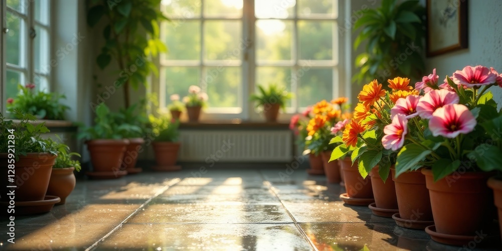 Fototapeta premium Sunlit Conservatory with Vibrant Blooms in Terracotta Pots on a Gleaming Tile Floor