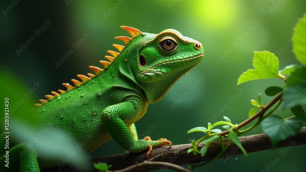 Fototapeta premium Vibrant Green Lizard Perched on a Branch in Lush Foliage, Exhibiting Intricate Scales and Striking Features