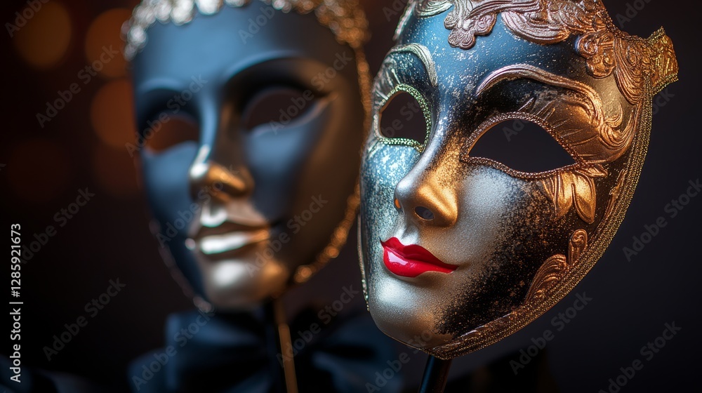 Two masks, one black and one gold, are displayed side by side. The masks have a gold trim and are designed to look like human faces. The scene is set in a dark room, with the masks placed on a table Two masks, one black and one gold, are displayed side by side. The masks have a gold trim and are designed to look like human faces. The scene is set in a dark room, with the masks placed on a table