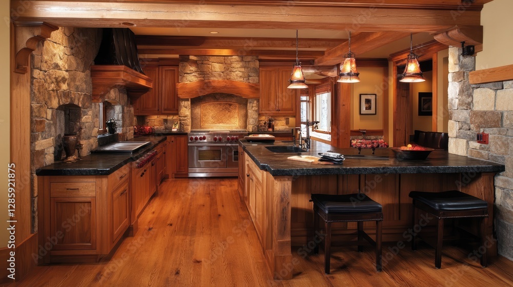 A contemporary kitchen with stone countertops, wooden details, and an open design. A contemporary kitchen with stone countertops, wooden details, and an open design.