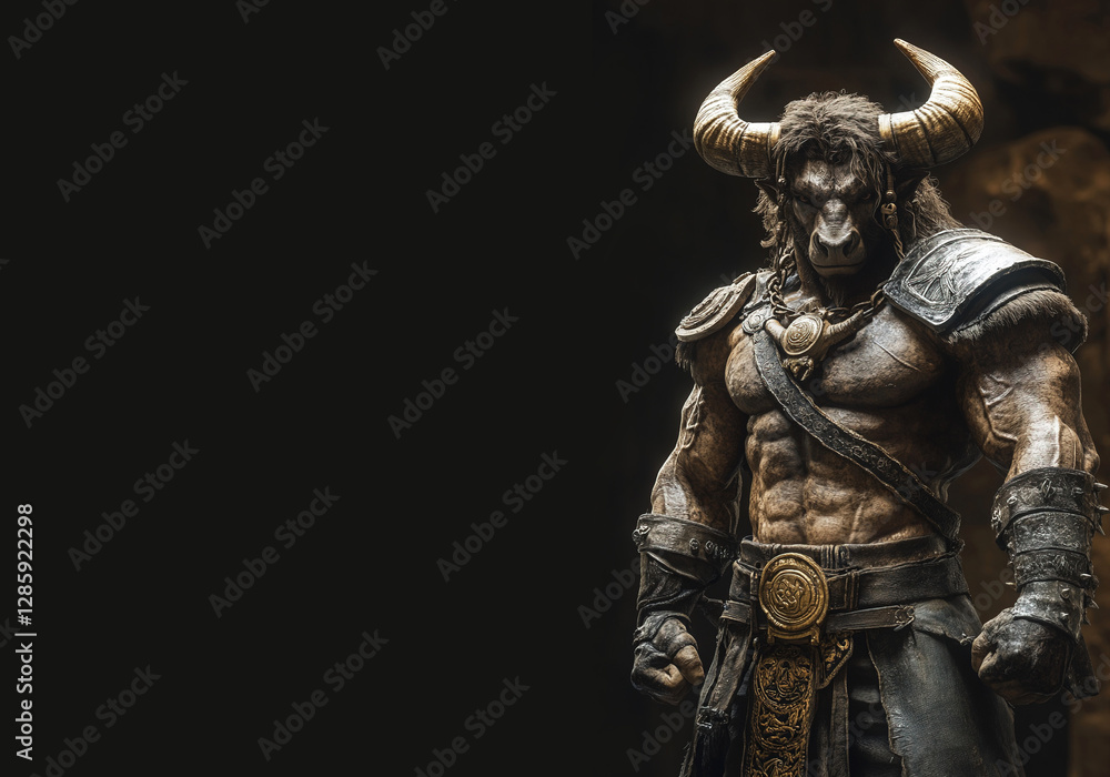 Minotaur stands in a dark cavern with detailed features and dramatic lighting. Header banner mockup with copy space. Minotaur stands in a dark cavern with detailed features and dramatic lighting. Header banner mockup with copy space.