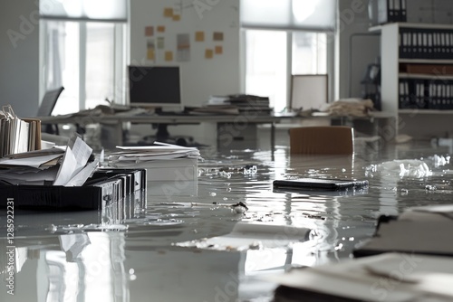 A messy office with clutter on the floor photo