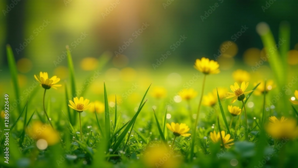 Fototapeta premium Golden Hour Meadow Vibrant Yellow Wildflowers in Lush Green Grass, Illuminated by Soft Sunlight