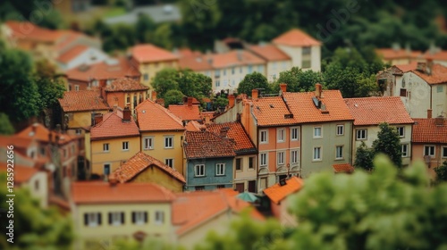 Fototapeta Naklejka Na Ścianę i Meble -  Aerial view of a small town with buildings and streets below
