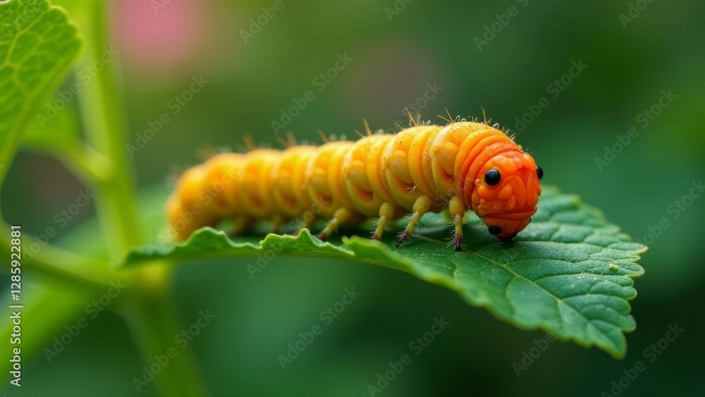 Fototapeta premium Vibrant Yellow and Orange Caterpillar Crawling on a Lush Green Leaf in a Natural Setting