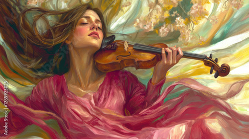 A dreamy portrayal of a woman in a flowing pink dress, playing the violin amidst soft, swirling colors and floral accents.