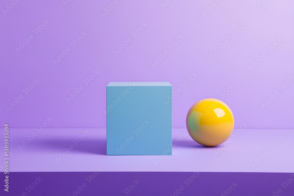 Minimalist purple background with a yellow sphere on a blue cube, a geometric composition Minimalist purple background with a yellow sphere on a blue cube, a geometric composition